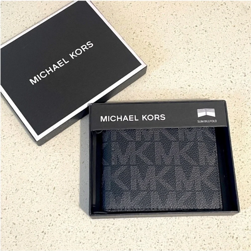 NEW Michael Kors Mens Slim Billfold‎ Wallet Black Grey Signature Monogram